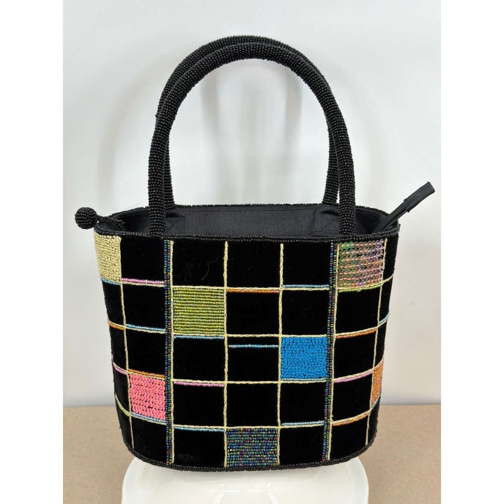 SaPa Vietnam Handmade Beaded Velvet Handbag Black Geometric Sequin Hardshell